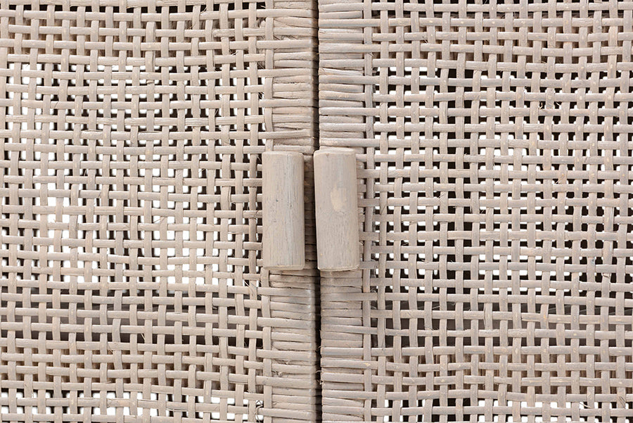 bali & pari Vivan Natural Rattan Storage Cabinet - 3-Tier Handwoven Wicker Accent Cabinet with Double Doors and Elevated Base, French Grey