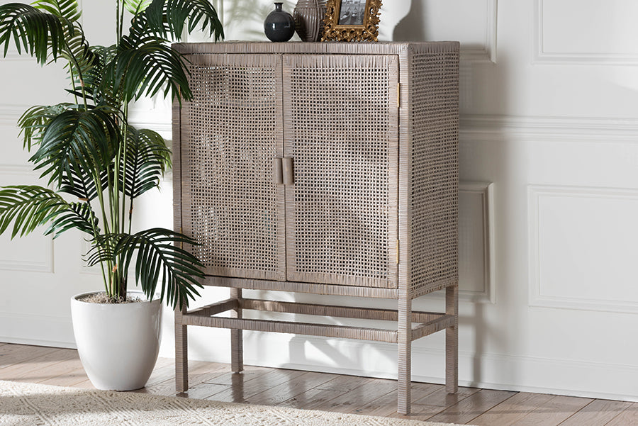 bali & pari Vivan Natural Rattan Storage Cabinet - 3-Tier Handwoven Wicker Accent Cabinet with Double Doors and Elevated Base, French Grey