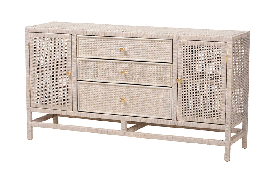 bali & pari Vivan Natural Rattan Storage Cabinet - 3-Drawer Handwoven Wicker Accent Cabinet with Interior Shelving and Elevated Base, French Grey