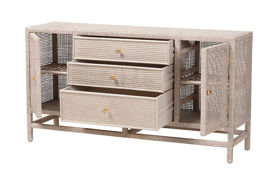 bali & pari Vivan Natural Rattan Storage Cabinet - 3-Drawer Handwoven Wicker Accent Cabinet with Interior Shelving and Elevated Base, French Grey