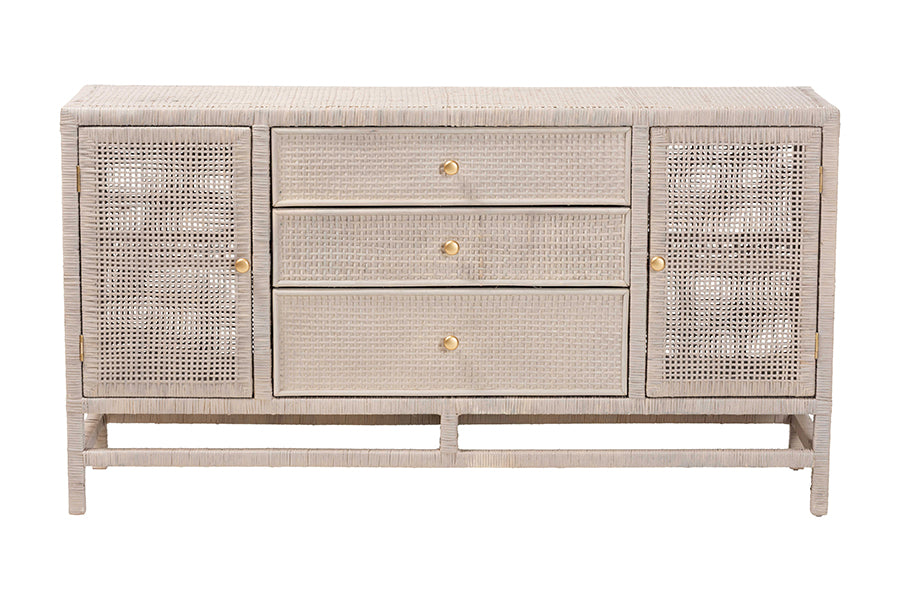 bali & pari Vivan Natural Rattan Storage Cabinet - 3-Drawer Handwoven Wicker Accent Cabinet with Interior Shelving and Elevated Base, French Grey