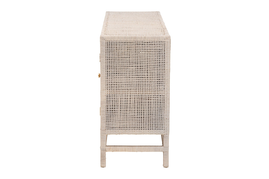 bali & pari Vivan Natural Rattan Storage Cabinet - 3-Drawer Handwoven Wicker Accent Cabinet with Interior Shelving and Elevated Base, French Grey
