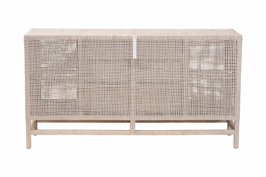 bali & pari Vivan Natural Rattan Storage Cabinet - 3-Drawer Handwoven Wicker Accent Cabinet with Interior Shelving and Elevated Base, French Grey