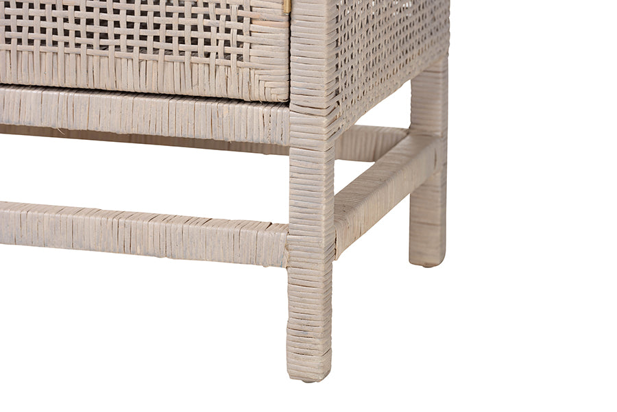 bali & pari Vivan Natural Rattan Storage Cabinet - 3-Drawer Handwoven Wicker Accent Cabinet with Interior Shelving and Elevated Base, French Grey