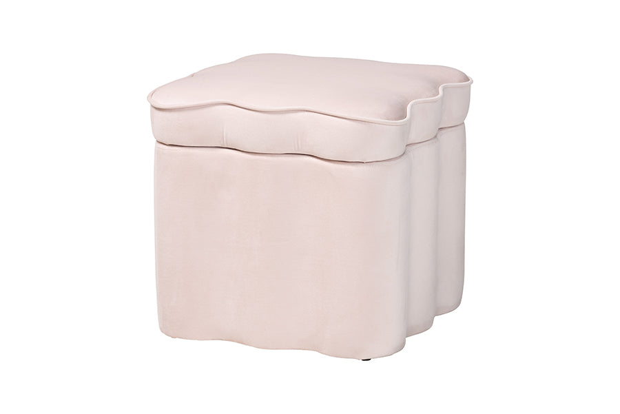 Baxton Studio Paulina Velvet Storage Ottoman - Lid Top Accent Stool with Interior Storage and Scalloped Outline for Bedroom or Living Room, Light Pink