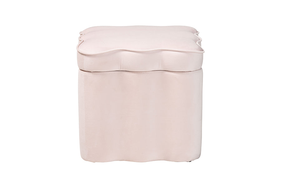 Baxton Studio Paulina Velvet Storage Ottoman - Lid Top Accent Stool with Interior Storage and Scalloped Outline for Bedroom or Living Room, Light Pink
