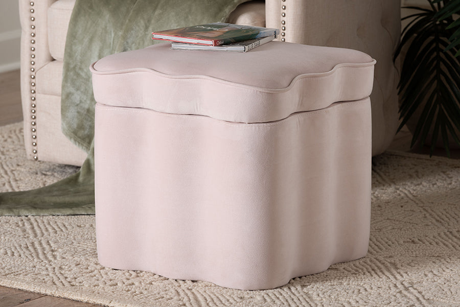 Baxton Studio Paulina Velvet Storage Ottoman - Lid Top Accent Stool with Interior Storage and Scalloped Outline for Bedroom or Living Room, Light Pink