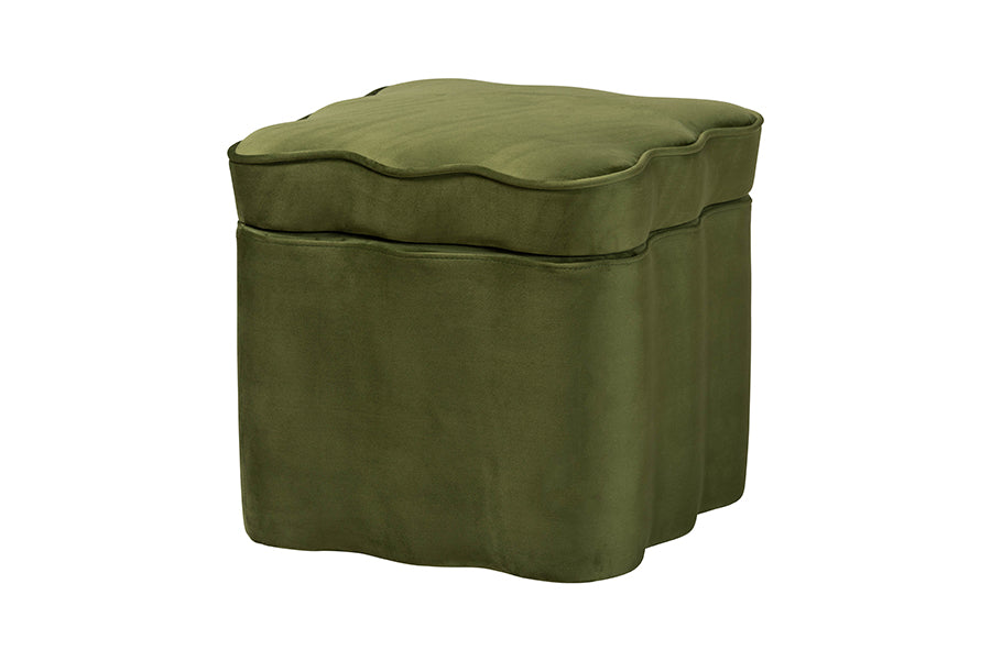 Baxton Studio Paulina Velvet Storage Ottoman - Lid Top Accent Stool with Interior Storage and Scalloped Outline for Bedroom or Living Room, Moss Green