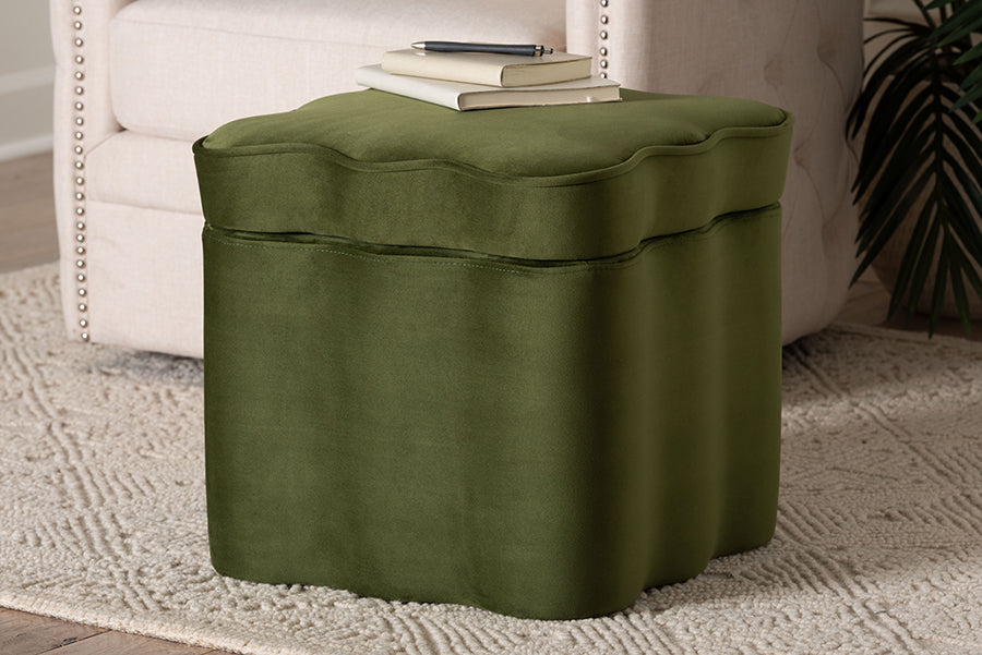 Baxton Studio Paulina Velvet Storage Ottoman - Lid Top Accent Stool with Interior Storage and Scalloped Outline for Bedroom or Living Room, Moss Green