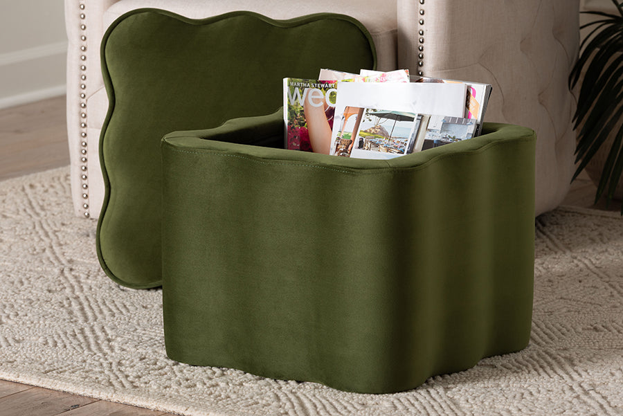 Baxton Studio Paulina Velvet Storage Ottoman - Lid Top Accent Stool with Interior Storage and Scalloped Outline for Bedroom or Living Room, Moss Green