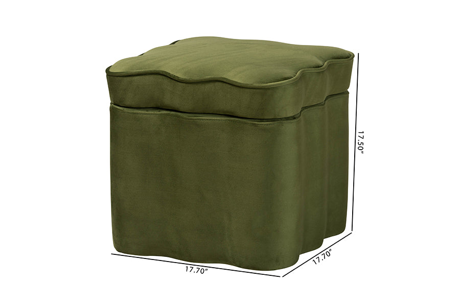 Baxton Studio Paulina Velvet Storage Ottoman - Lid Top Accent Stool with Interior Storage and Scalloped Outline for Bedroom or Living Room, Moss Green