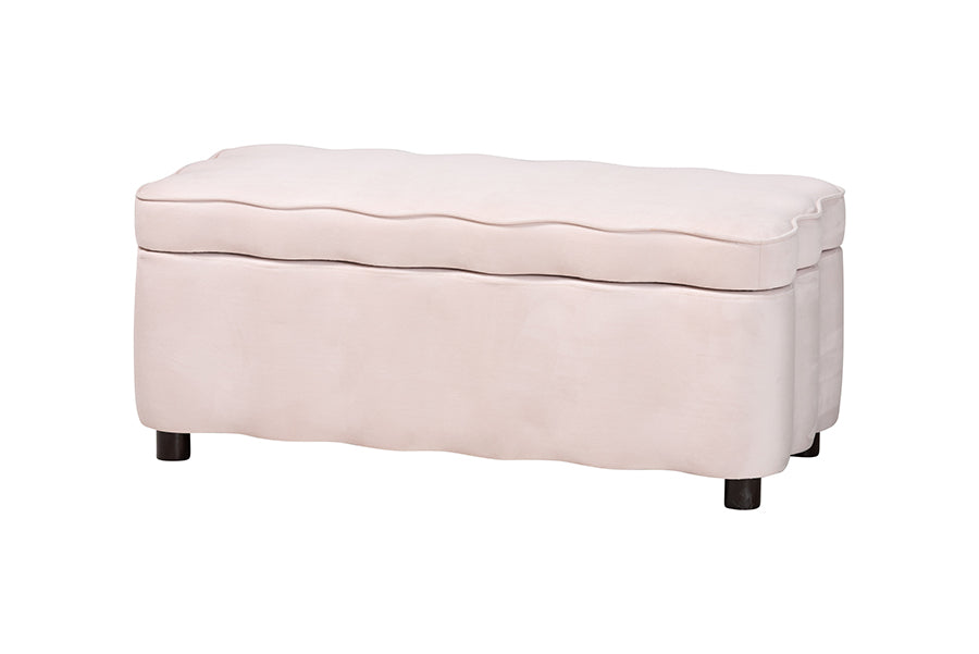 Baxton Studio Paulina Velvet Storage Bench - Lift Top Accent Bench with Interior Storage and Scalloped Outline for Bedroom or Living Room, Light Pink