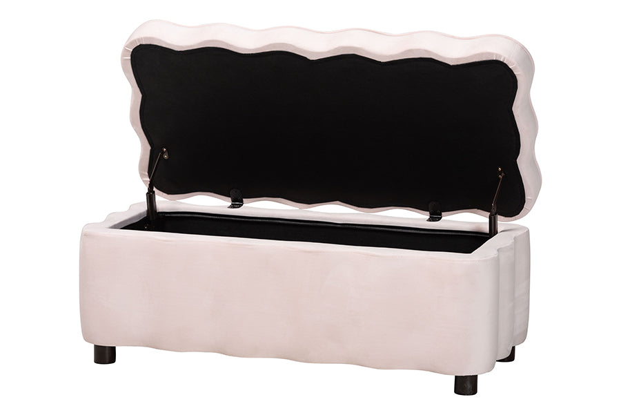 Baxton Studio Paulina Velvet Storage Bench - Lift Top Accent Bench with Interior Storage and Scalloped Outline for Bedroom or Living Room, Light Pink