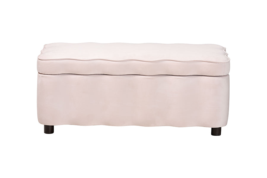 Baxton Studio Paulina Velvet Storage Bench - Lift Top Accent Bench with Interior Storage and Scalloped Outline for Bedroom or Living Room, Light Pink