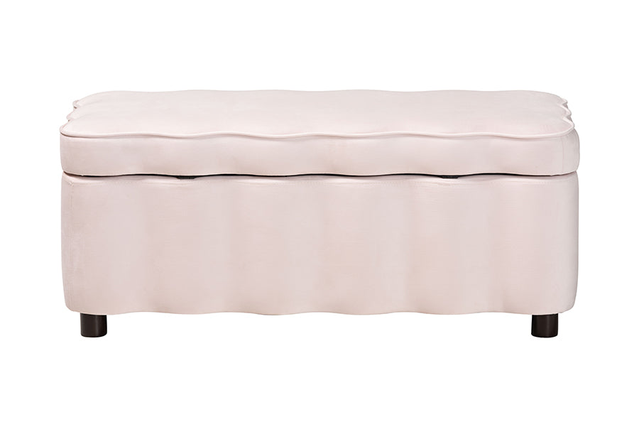 Baxton Studio Paulina Velvet Storage Bench - Lift Top Accent Bench with Interior Storage and Scalloped Outline for Bedroom or Living Room, Light Pink