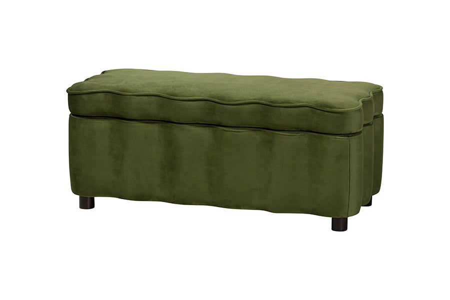 Baxton Studio Paulina Velvet Storage Bench - Lift Top Accent Bench with Interior Storage and Scalloped Outline for Bedroom or Living Room, Moss Green