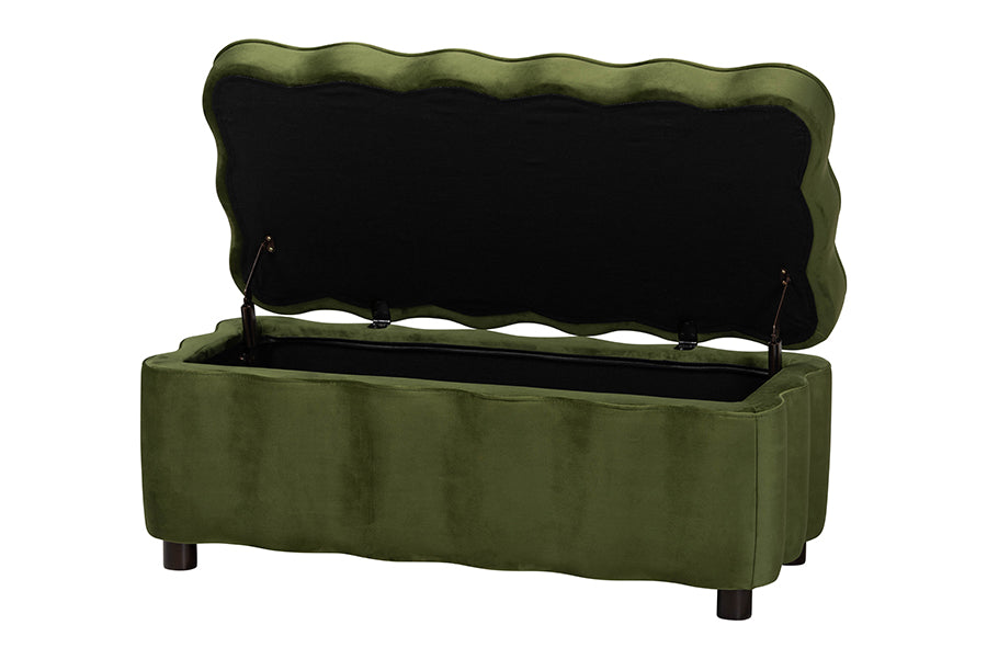 Baxton Studio Paulina Velvet Storage Bench - Lift Top Accent Bench with Interior Storage and Scalloped Outline for Bedroom or Living Room, Moss Green