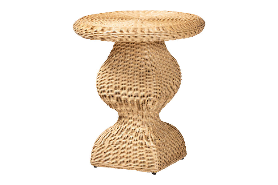 bali & pari Hideo Natural Rattan End Table - Handwoven Wicker Sculptural Accent Table with Pedestal Base