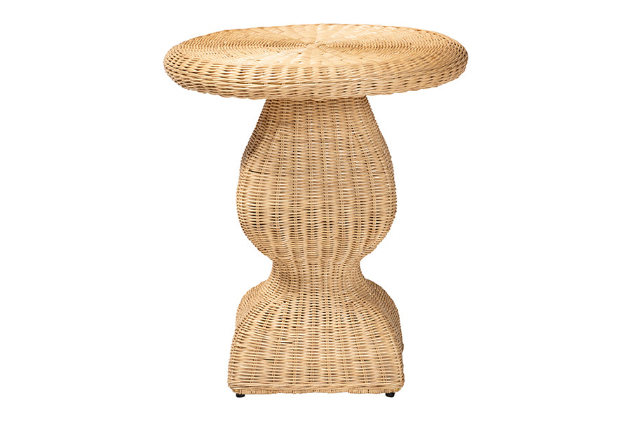 bali & pari Hideo Natural Rattan End Table - Handwoven Wicker Sculptural Accent Table with Pedestal Base