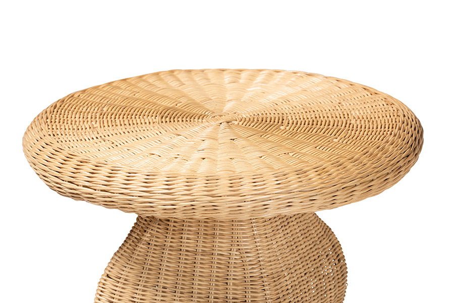 bali & pari Hideo Natural Rattan End Table - Handwoven Wicker Sculptural Accent Table with Pedestal Base