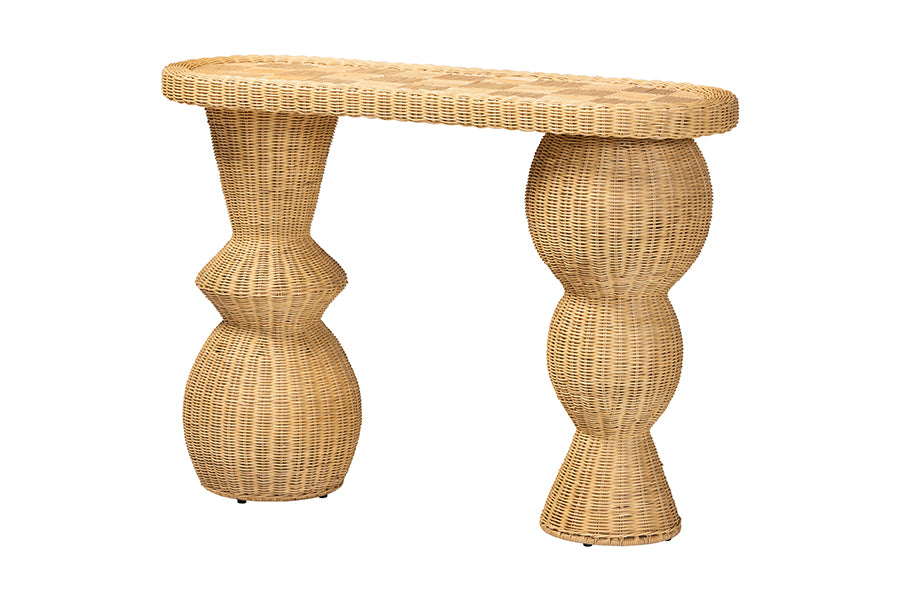 bali & pari Hisao Natural Rattan Checkered Console Table with Sculptural Base