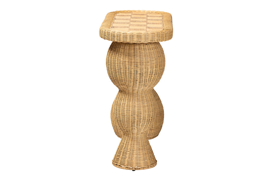 bali & pari Hisao Natural Rattan Checkered Console Table with Sculptural Base