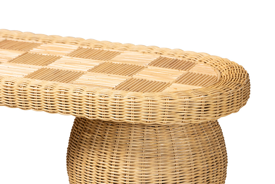 bali & pari Hisao Natural Rattan Checkered Console Table with Sculptural Base