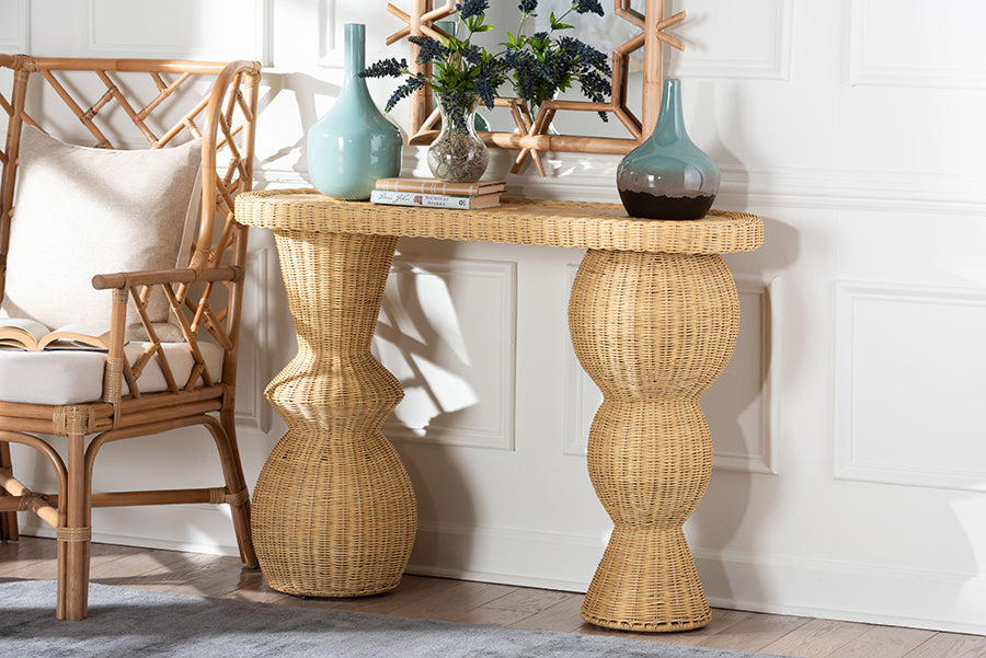 bali & pari Hisao Natural Rattan Checkered Console Table with Sculptural Base