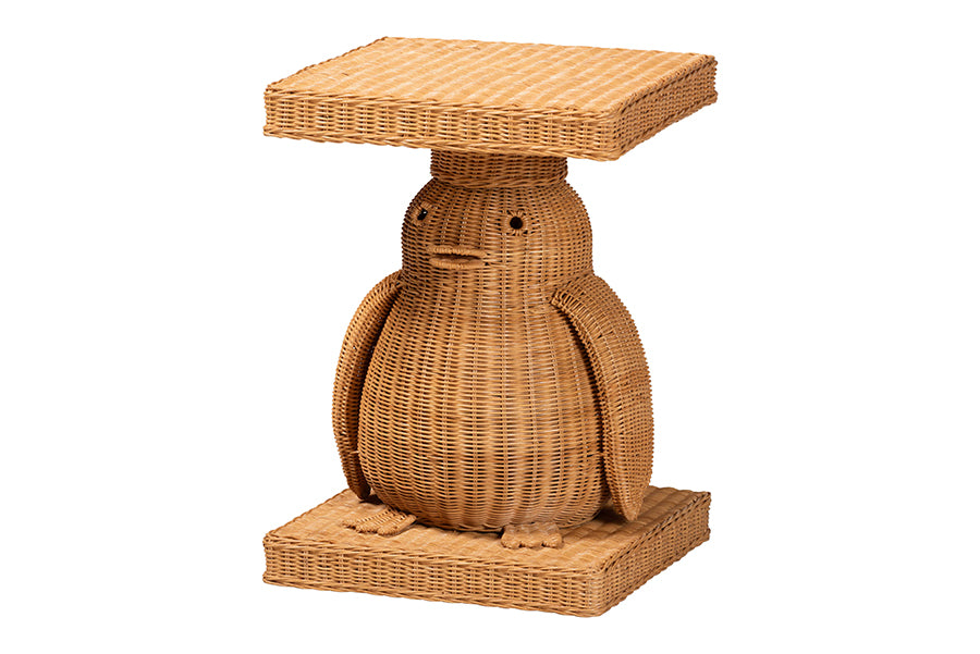 bali & pari Pembroke Penguin End Table - Handwoven Rattan Sculptural Accent Side Table with Platform Base