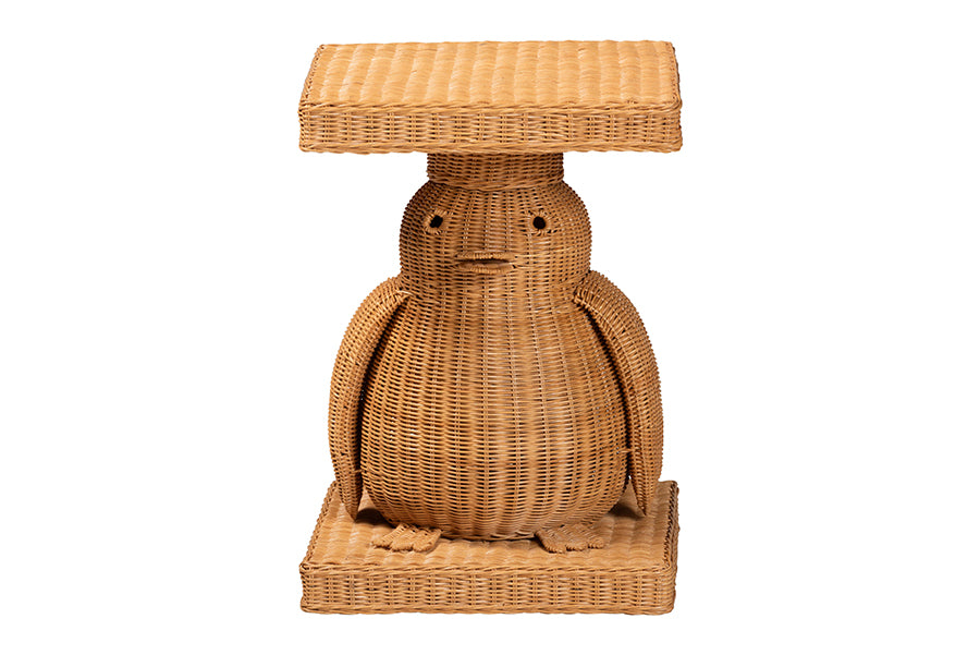 bali & pari Pembroke Penguin End Table - Handwoven Rattan Sculptural Accent Side Table with Platform Base