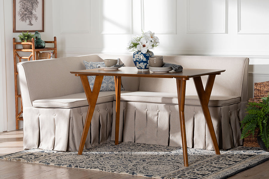 Baxton Studio Reginald 3-Piece Fabric Upholstered Dining Nook Set - Corner Kitchen Dining Banquette Set with Skirted Base, L-Shaped Seating for Small Spaces, Beige
