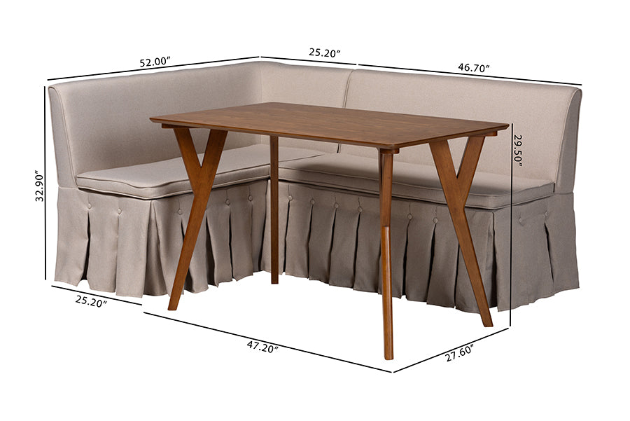 Baxton Studio Reginald 3-Piece Fabric Upholstered Dining Nook Set - Corner Kitchen Dining Banquette Set with Skirted Base, L-Shaped Seating for Small Spaces, Beige