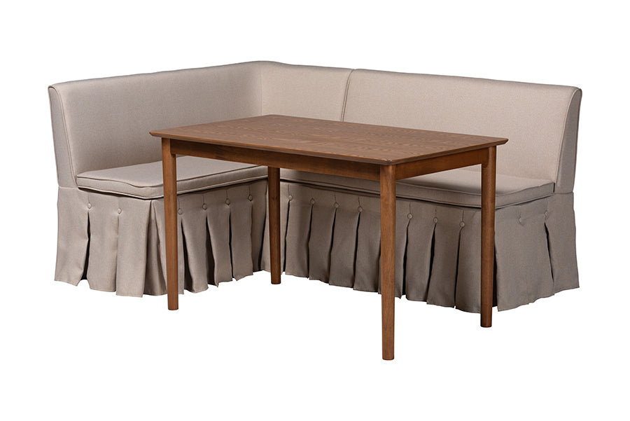Baxton Studio Reuben 3-Piece Fabric Upholstered Dining Nook Set - Corner Kitchen Dining Banquette Set with Skirted Base, L-Shaped Seating for Small Spaces, Beige