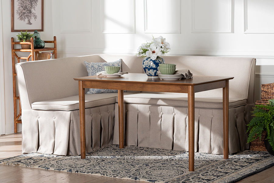 Baxton Studio Reuben 3-Piece Fabric Upholstered Dining Nook Set - Corner Kitchen Dining Banquette Set with Skirted Base, L-Shaped Seating for Small Spaces, Beige