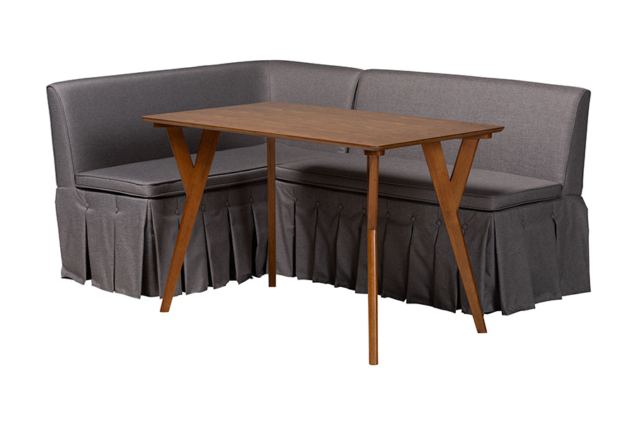 Baxton Studio Reginald 3-Piece Fabric Upholstered Dining Nook Set - Corner Kitchen Dining Banquette Set with Skirted Base, L-Shaped Seating for Small Spaces, Grey