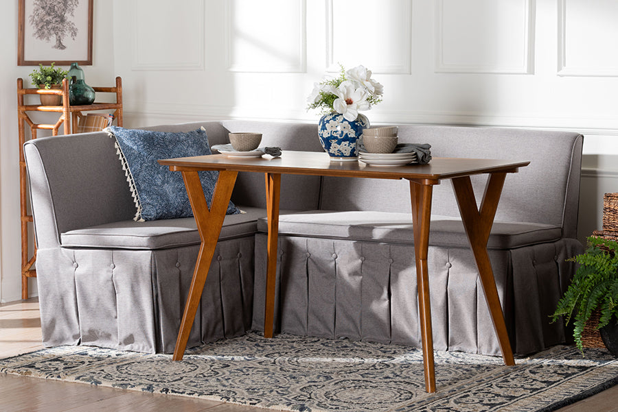 Baxton Studio Reginald 3-Piece Fabric Upholstered Dining Nook Set - Corner Kitchen Dining Banquette Set with Skirted Base, L-Shaped Seating for Small Spaces, Grey