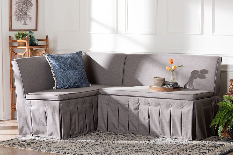 Baxton Studio Meyer 2-Piece Fabric Upholstered Dining Nook Bench Set - Corner Kitchen Banquette Seating with Skirted Base, L-Shaped Breakfast Nook for Small Spaces, Grey