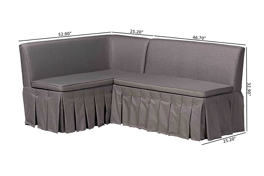 Baxton Studio Meyer 2-Piece Fabric Upholstered Dining Nook Bench Set - Corner Kitchen Banquette Seating with Skirted Base, L-Shaped Breakfast Nook for Small Spaces, Grey