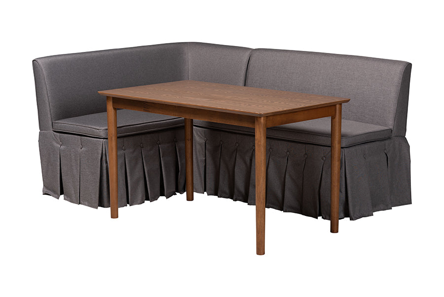 Baxton Studio Reuben 3-Piece Fabric Upholstered Dining Nook Set - Corner Kitchen Dining Banquette Set with Skirted Base, L-Shaped Seating for Small Spaces, Grey
