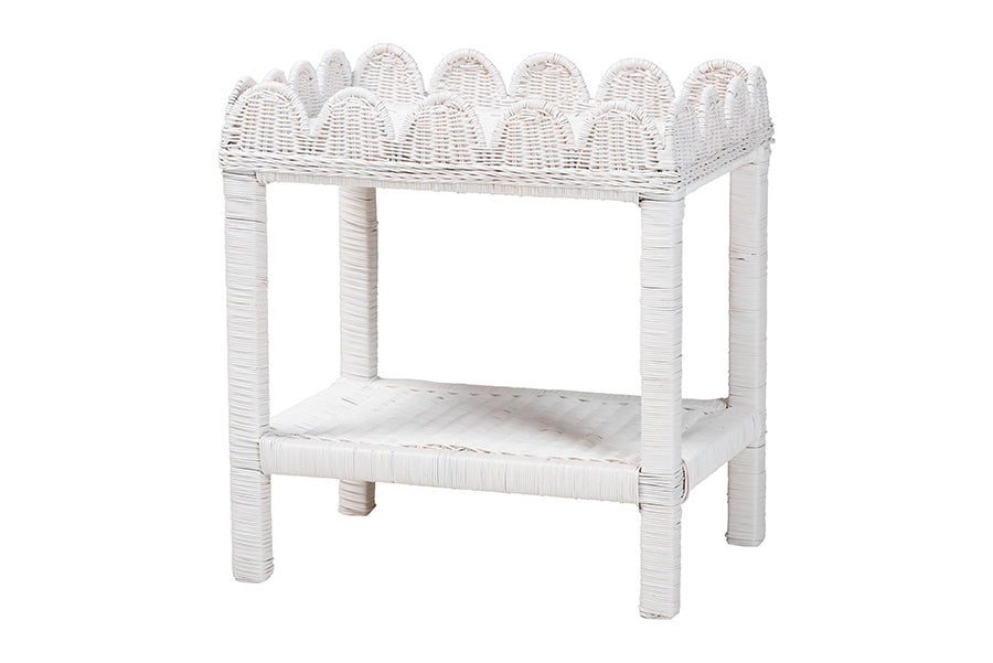 bali & pari Sumana Natural Rattan Side Table - Handwoven Wicker 2-Tier Accent End Table with Scalloped Tray Top for Living Room, White