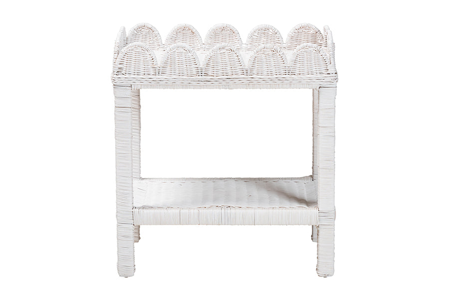bali & pari Sumana Natural Rattan Side Table - Handwoven Wicker 2-Tier Accent End Table with Scalloped Tray Top for Living Room, White