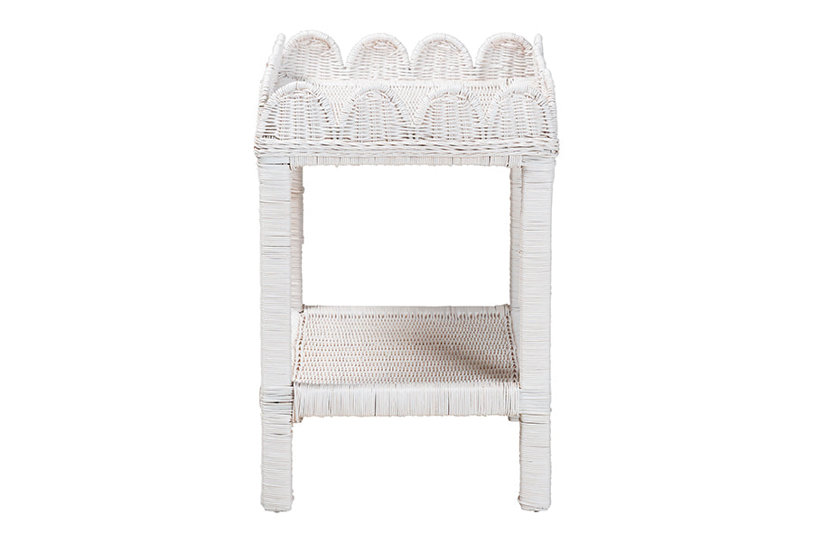 bali & pari Sumana Natural Rattan Side Table - Handwoven Wicker 2-Tier Accent End Table with Scalloped Tray Top for Living Room, White