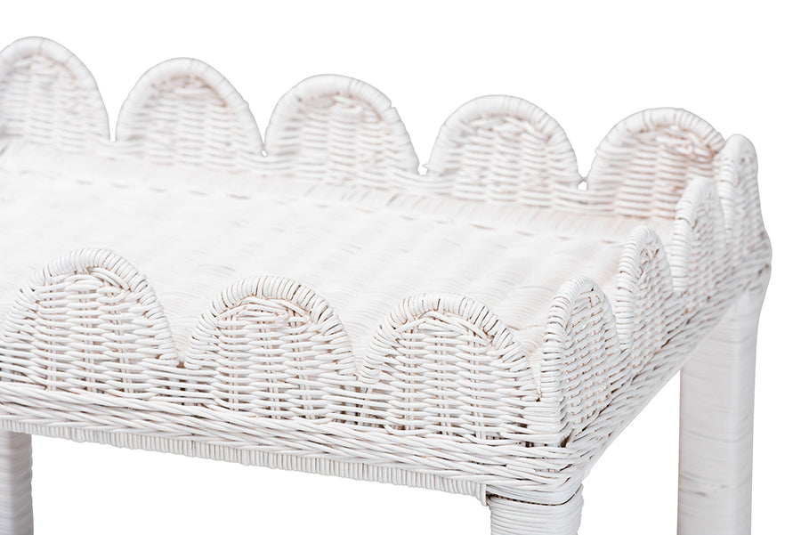 bali & pari Sumana Natural Rattan Side Table - Handwoven Wicker 2-Tier Accent End Table with Scalloped Tray Top for Living Room, White