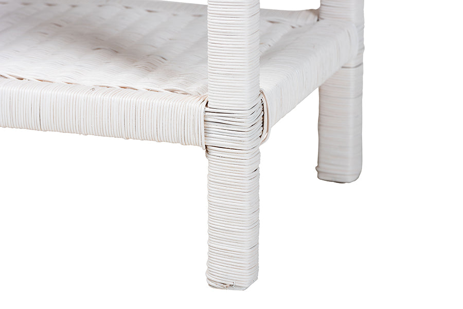 bali & pari Sumana Natural Rattan Side Table - Handwoven Wicker 2-Tier Accent End Table with Scalloped Tray Top for Living Room, White