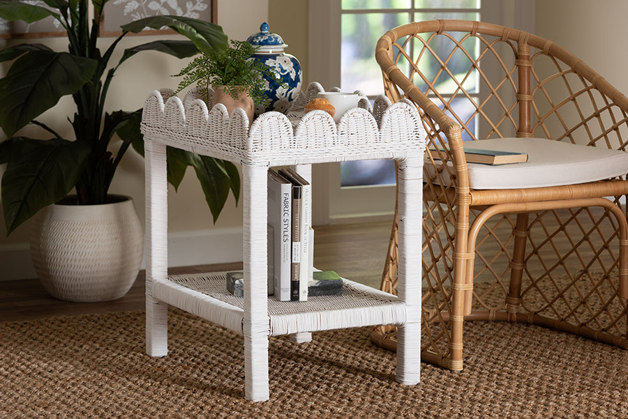 bali & pari Sumana Natural Rattan Side Table - Handwoven Wicker 2-Tier Accent End Table with Scalloped Tray Top for Living Room, White