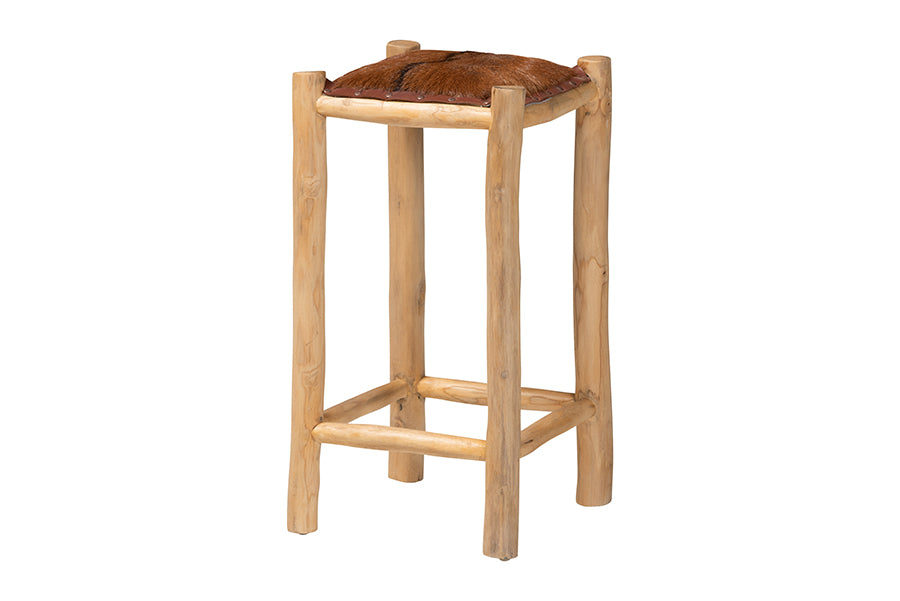bali & pari Rivera Genuine Goat Leather Counter Stool - Rustic Boho Seating with Teak Wood Frame and Natural Hide Upholstery