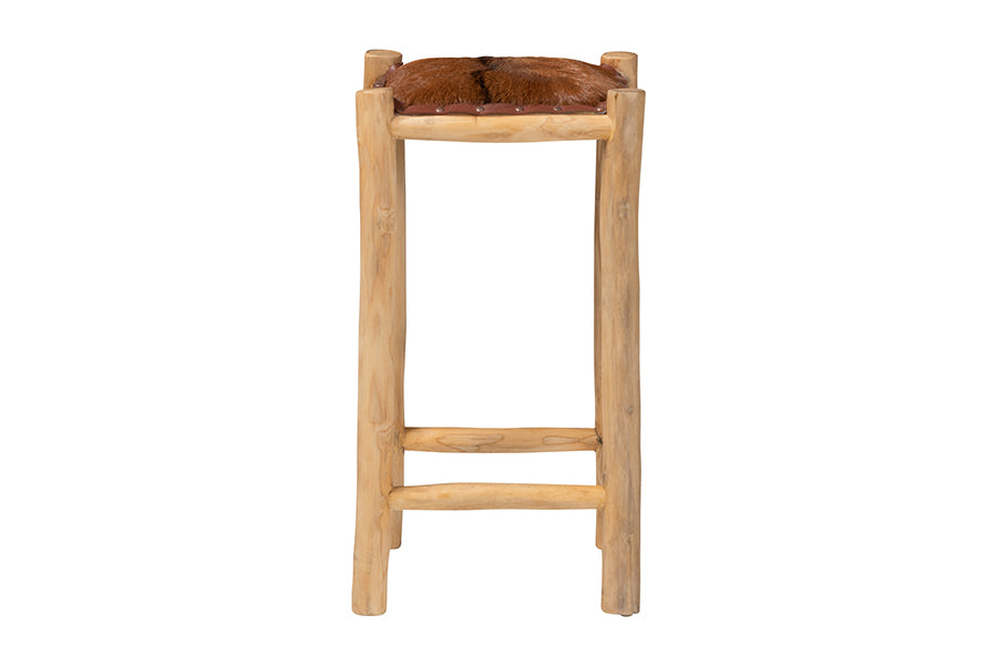 bali & pari Rivera Genuine Goat Leather Counter Stool - Rustic Boho Seating with Teak Wood Frame and Natural Hide Upholstery