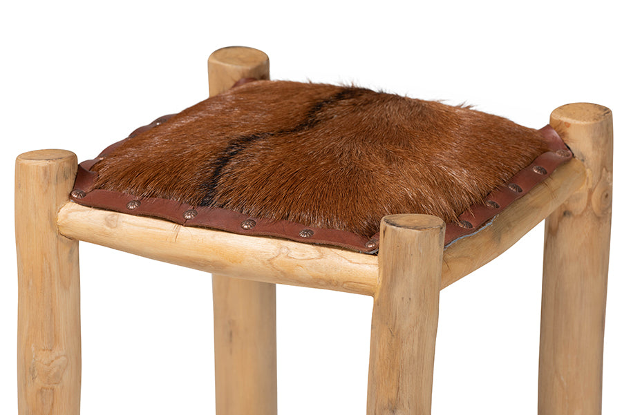 bali & pari Rivera Genuine Goat Leather Counter Stool - Rustic Boho Seating with Teak Wood Frame and Natural Hide Upholstery