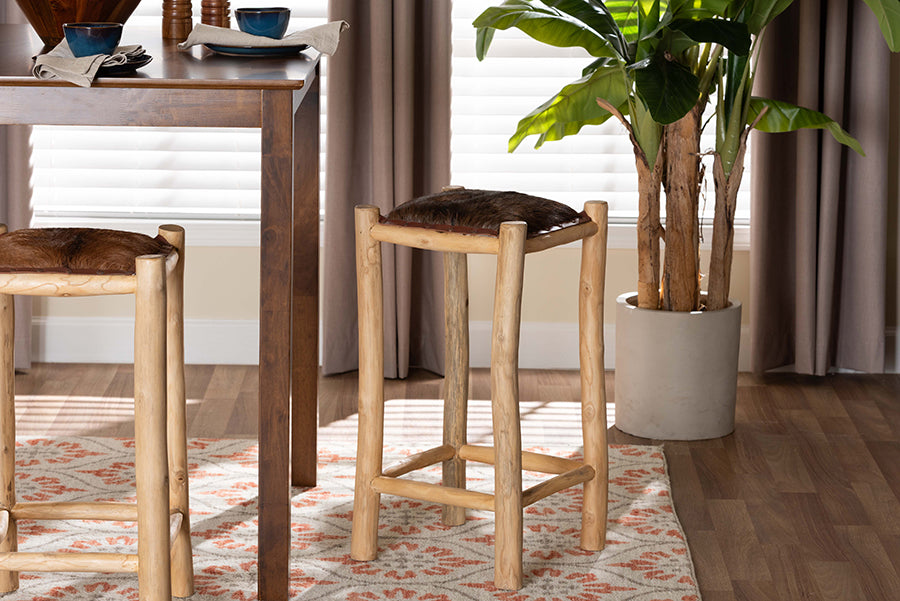 bali & pari Rivera Genuine Goat Leather Counter Stool - Rustic Boho Seating with Teak Wood Frame and Natural Hide Upholstery