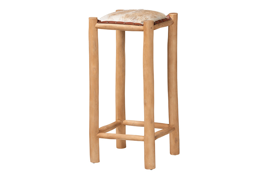 bali & pari Rivera Genuine Goat Leather Bar Stool - Rustic Boho Seating with Teak Wood Frame and Natural Hide Upholstery